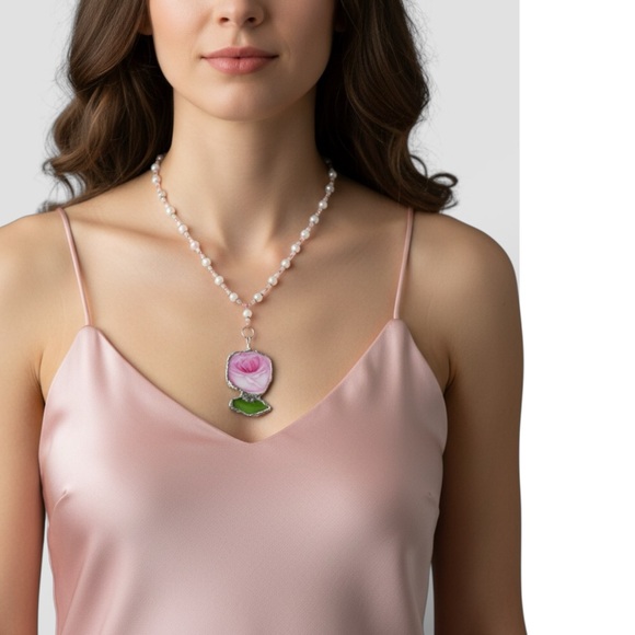 Hand Crafted Jewelry - Broken China & Sea Glass Rose Pendant - Pink Quartz Vintage Necklace